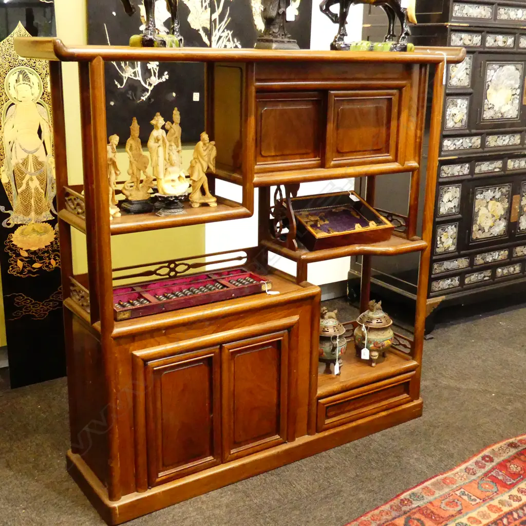 ROSEWOOD VINTAGE ORIENTAL DISPLAY CABINET rounded supports H.1205 W.1265mm Image 1++