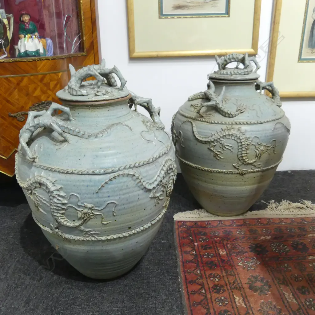 PR LG ORIENTAL CELADON GLAZED LIDDED JARS w. DRAGON DECORATION (REPAIRS) Image 1++