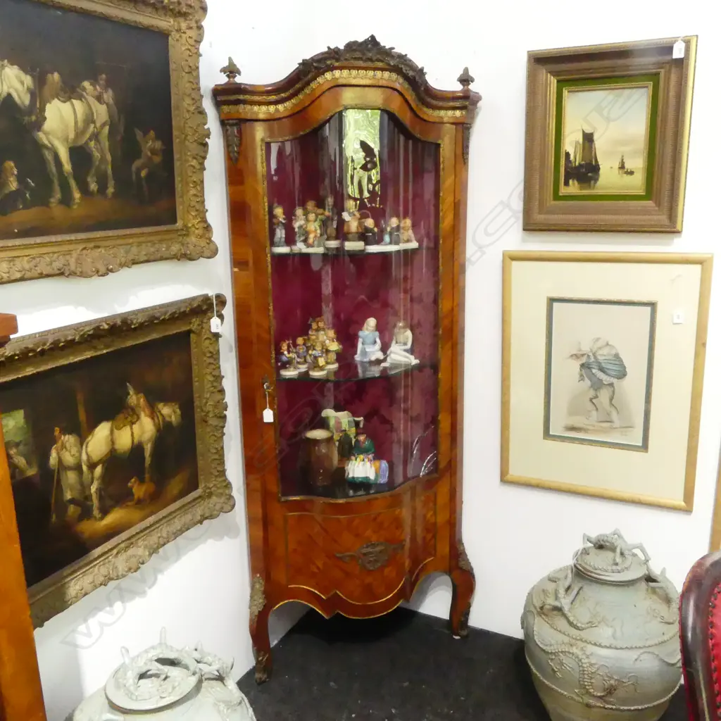 FRENCH KINGWOOD VITRINE, three glass shelves,patterned fabric lining. Faulty glass.600 x 500 x 1200mm. Image 1++