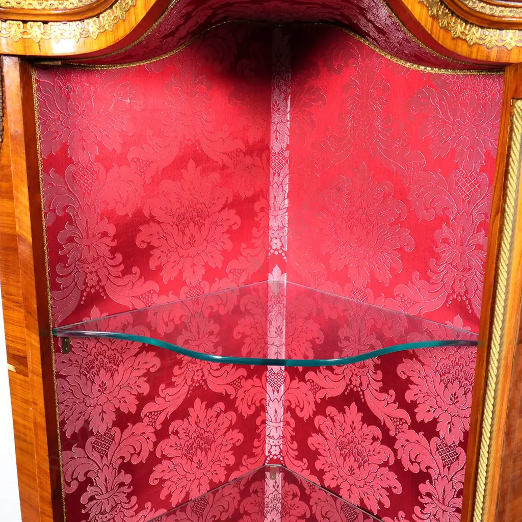 FRENCH KINGWOOD VITRINE, three glass shelves,patterned fabric lining. Faulty glass.600 x 500 x 1200mm. Image 1++