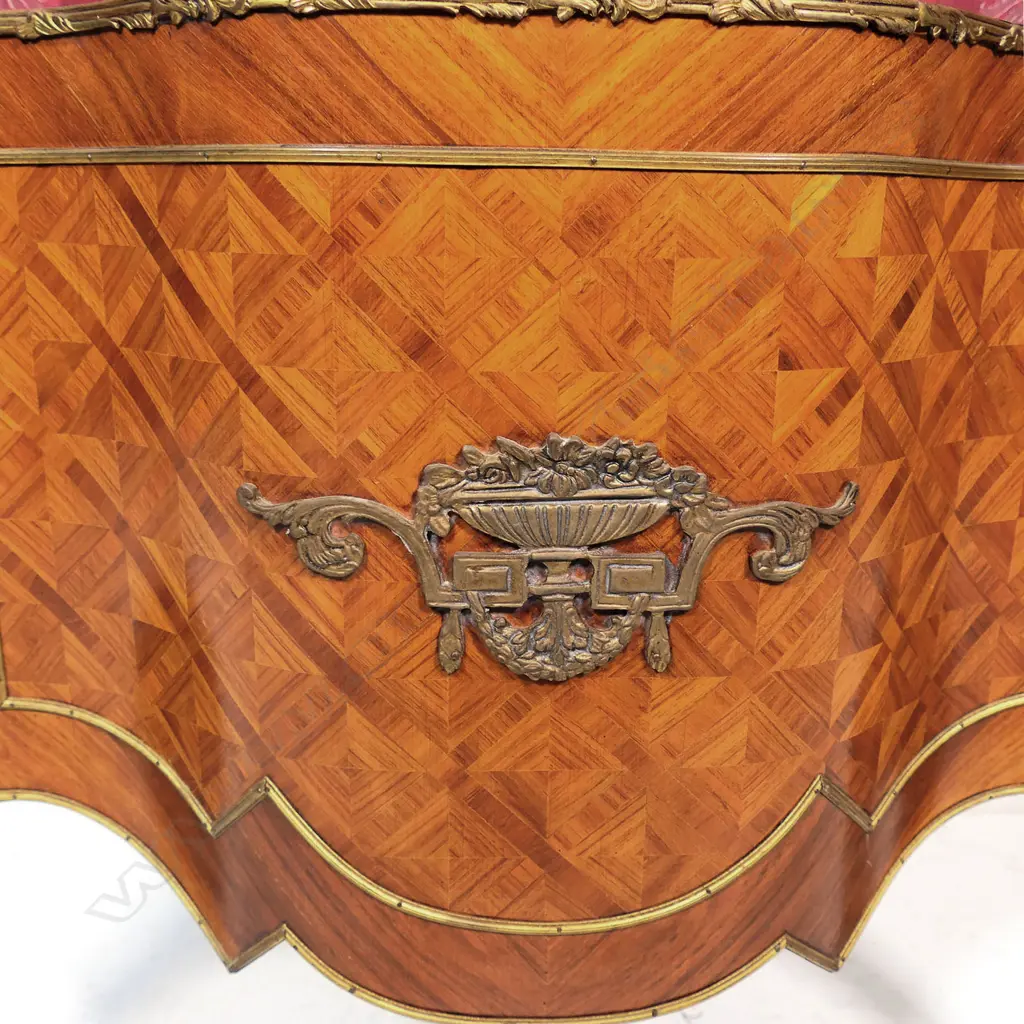 FRENCH KINGWOOD VITRINE, three glass shelves,patterned fabric lining. Faulty glass.600 x 500 x 1200mm. Image 1++