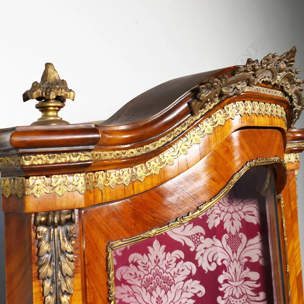 FRENCH KINGWOOD VITRINE, three glass shelves,patterned fabric lining. Faulty glass.600 x 500 x 1200mm. Image 1++