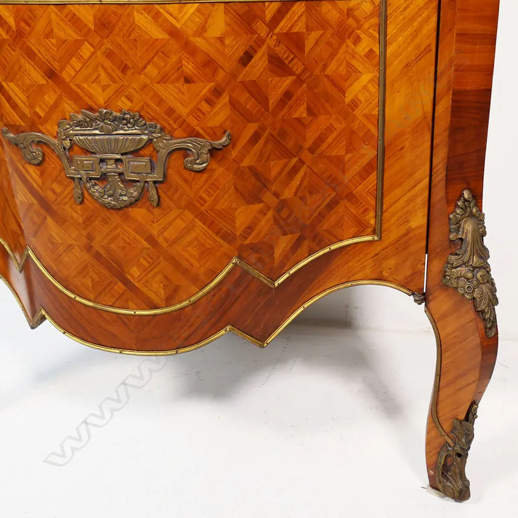 FRENCH KINGWOOD VITRINE, three glass shelves,patterned fabric lining. Faulty glass.600 x 500 x 1200mm. Image 1++