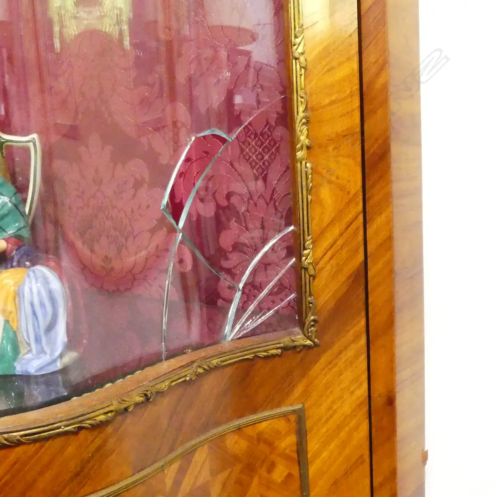 FRENCH KINGWOOD VITRINE, three glass shelves,patterned fabric lining. Faulty glass.600 x 500 x 1200mm. Image 1++