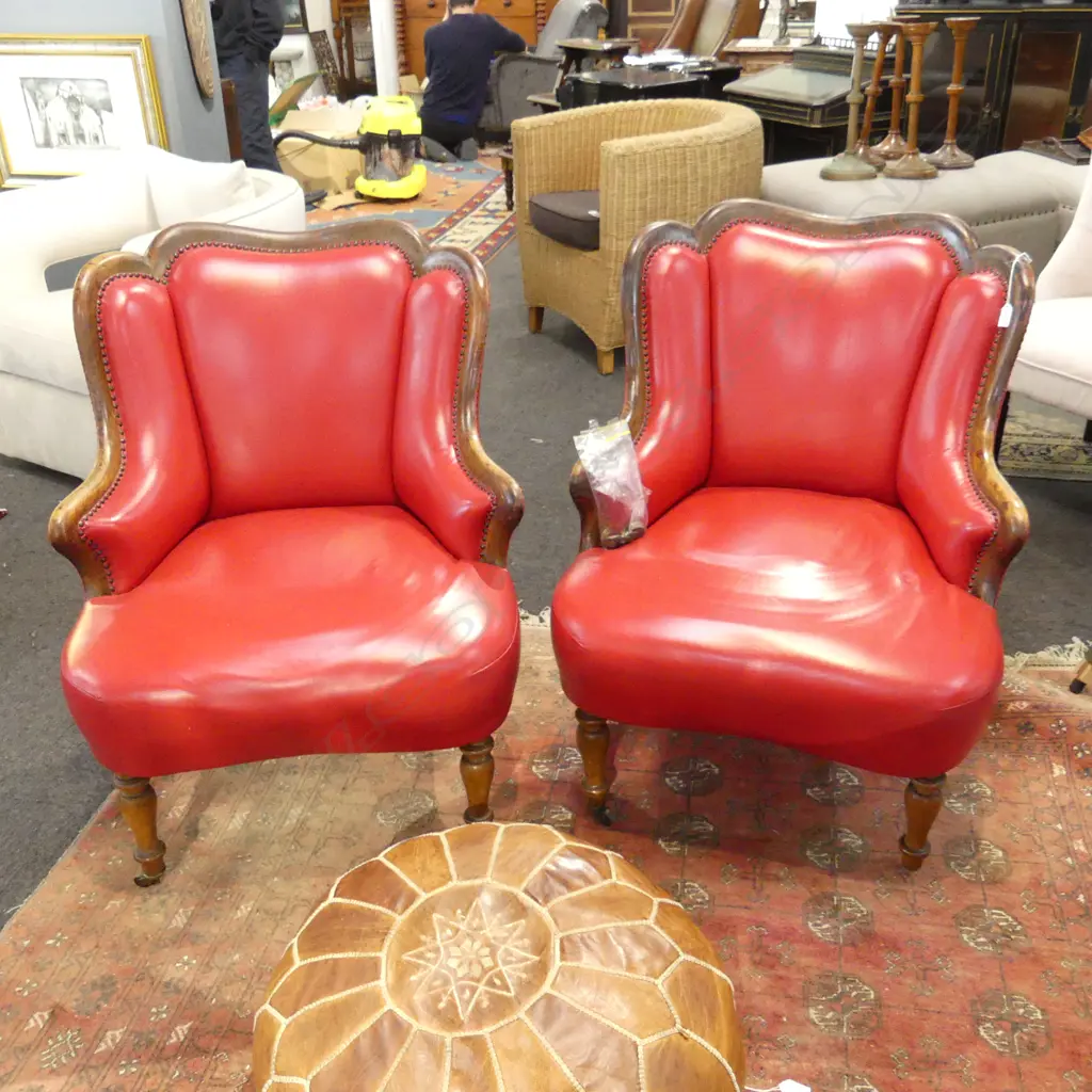 PR RED LEATHER ARMCHAIRS, (one castor detached but present) 660 x 600 x 880mm Image 1++