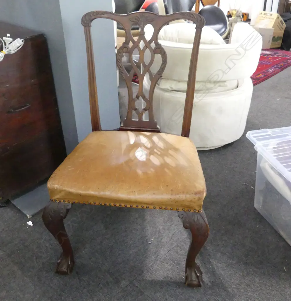 ANTIQUE MAHOGANY CHIPPENDALE STYLE DINING CHAIR, BROWN LEATHER SEAT Image 1++