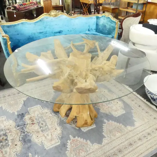 STUMP GLASS TOP DINING TABLE 1400mm dia H.825mm