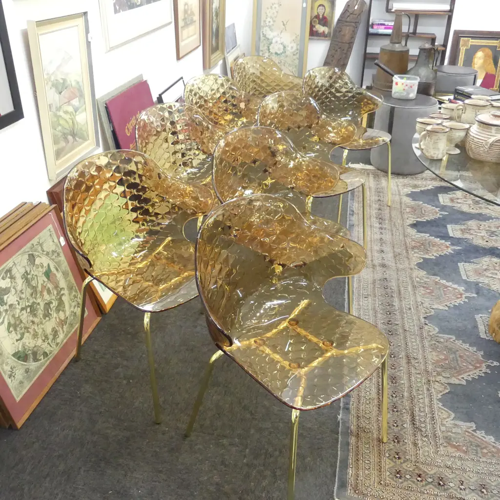 8 MODERN ITALIAN AMBER ACRYLIC DINING CHAIRS; ST TROPEZ BY CALLIGARIS Image 1++