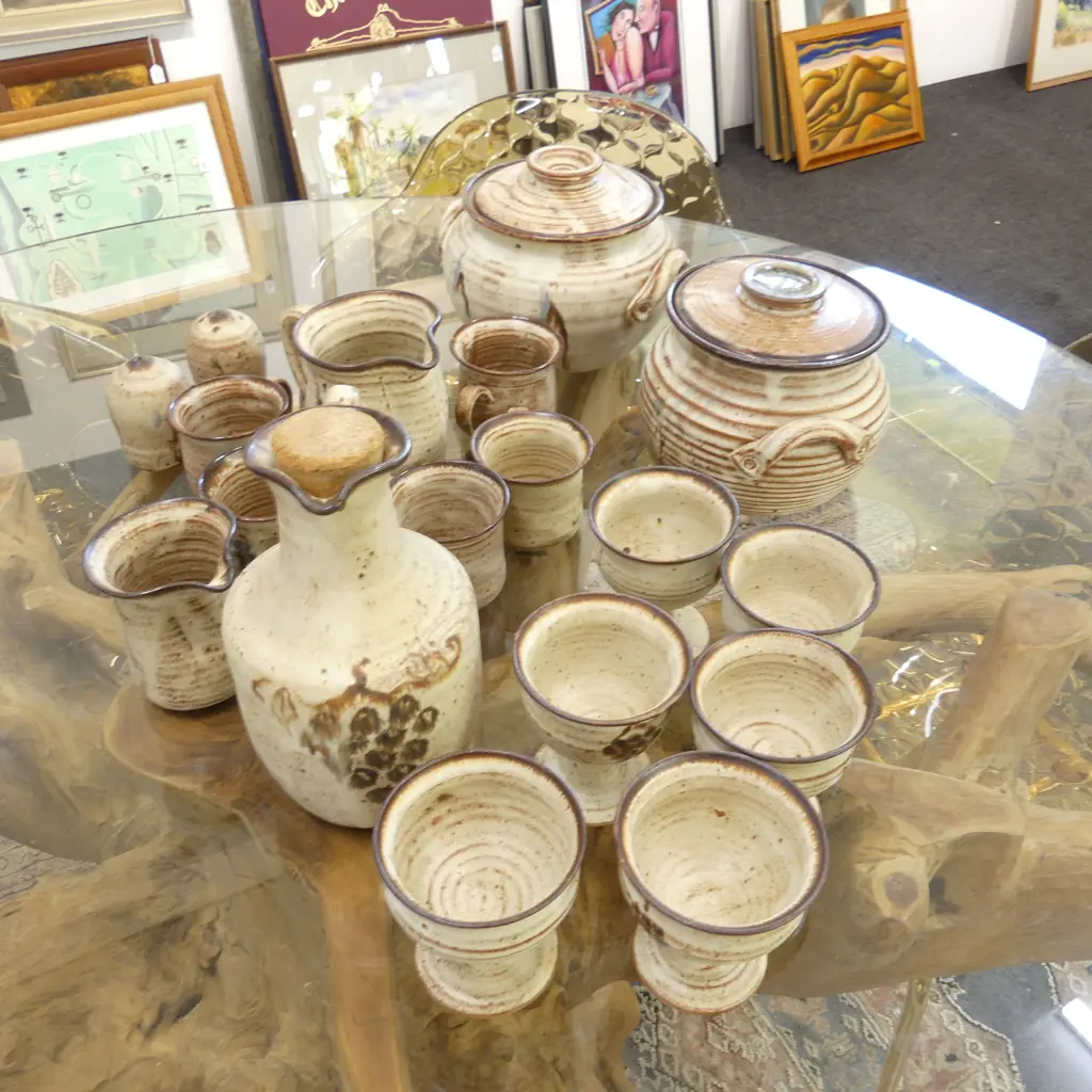 19 PCES STUDIO POTTERY; GOBLETS, MUGS, 2 LIDDED CASSEROLES ETC Image 1++
