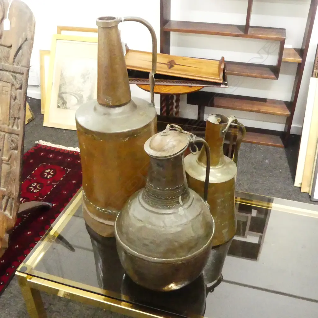 3 LG ETHNIC BRASS VESSELS H.610mm; AFGHAN WATER CARRIER, MOROCCAN SMELTER POT, OTHER Image 1++
