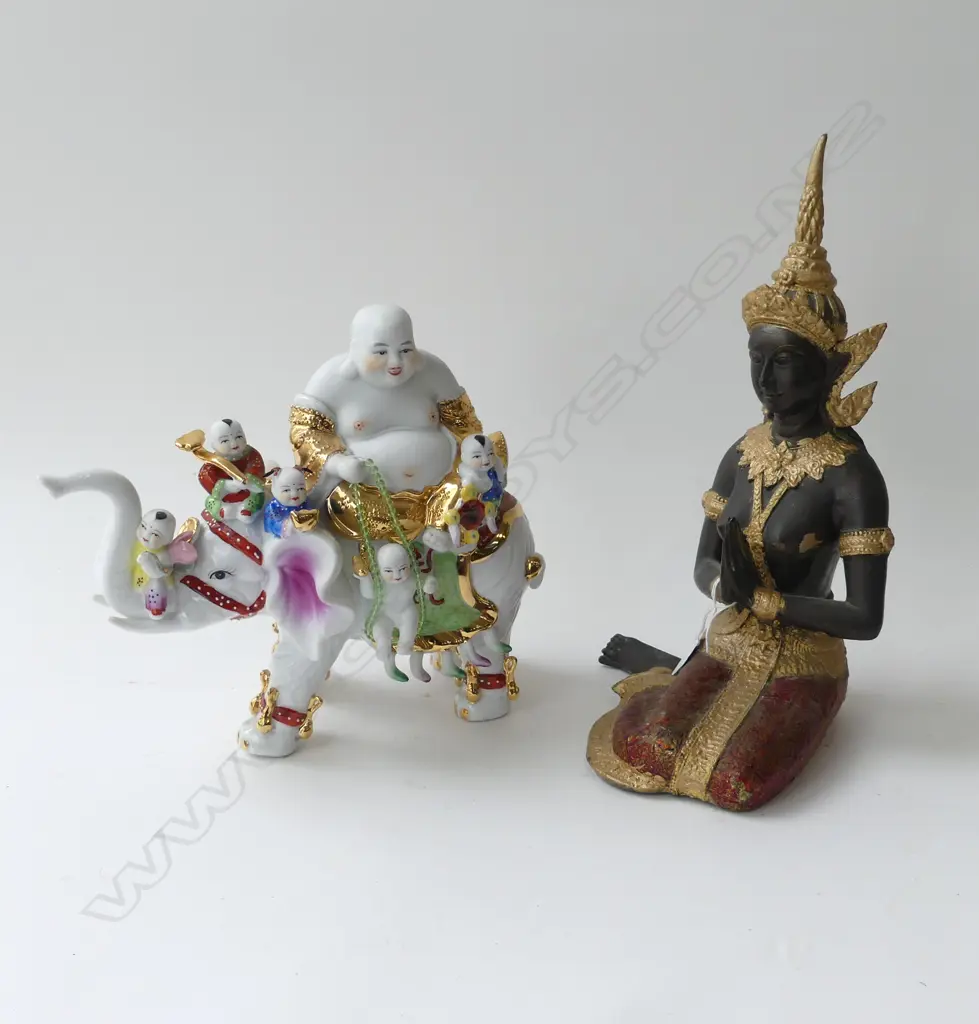 PAINTED METAL THAI FIGURE H.330mm, CERAMIC BUDAI & CHILDREN ON ELEPHANT Image 1++