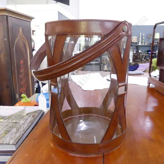 GLASS & LEATHER HURRICANE LAMP H.290mm