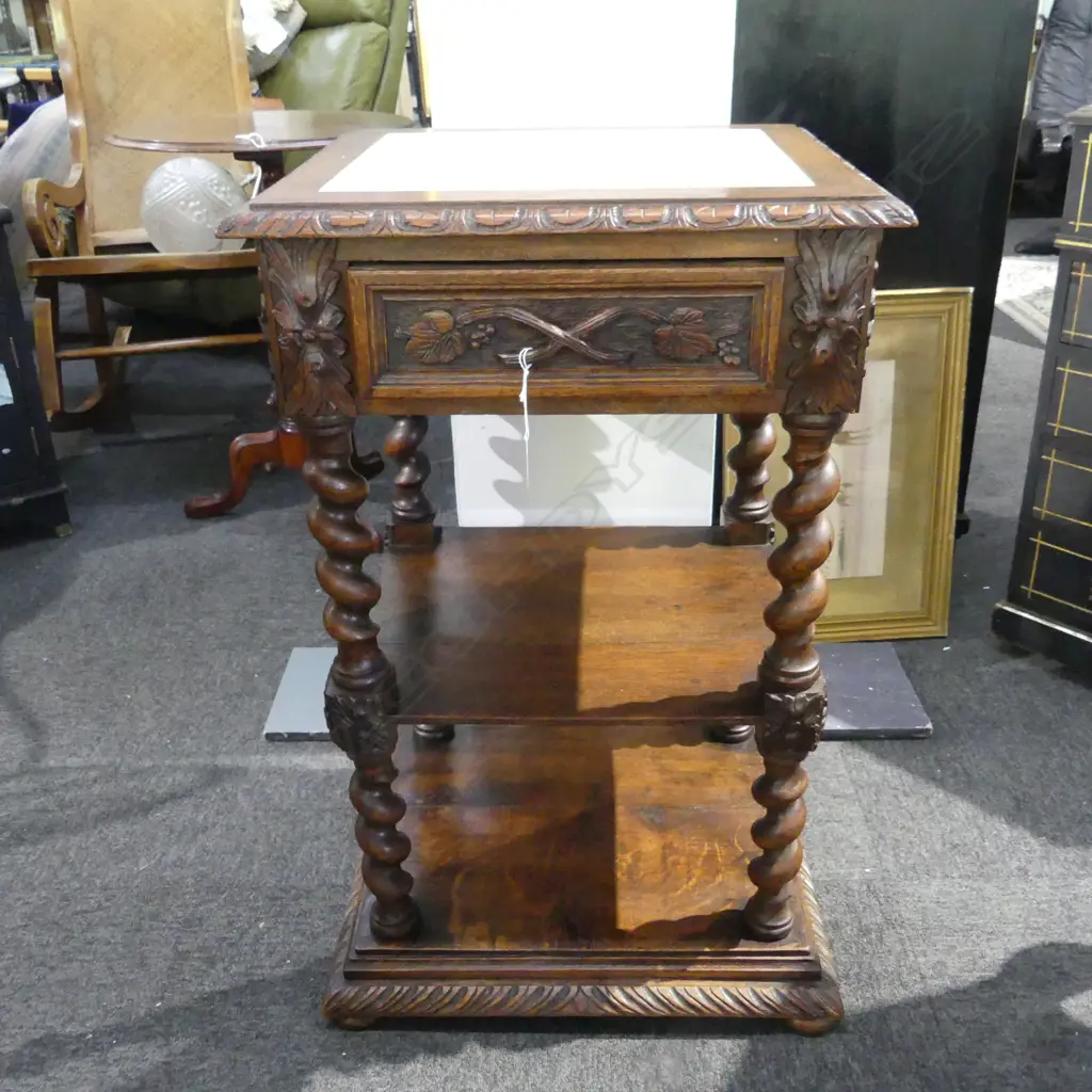 CARVED OAK SIDE TABLE w. DRAWER & MARBLE TOP 510x455x780mm Image 1++