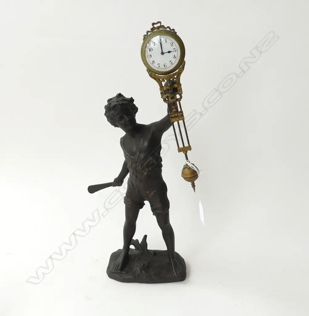 ANTIQUE MYSTERY CLOCK; SPELTER BOY with bat BASE H.450mm Image 1++