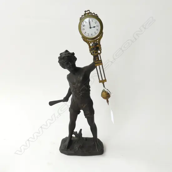 ANTIQUE MYSTERY CLOCK; SPELTER BOY with bat BASE H.450mm