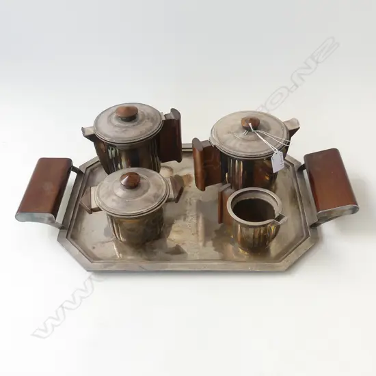 FRENCH ART DECO SILVER PLATE 5 PCE TEA & COFFEE SERVICE ON TRAY 565x320mm