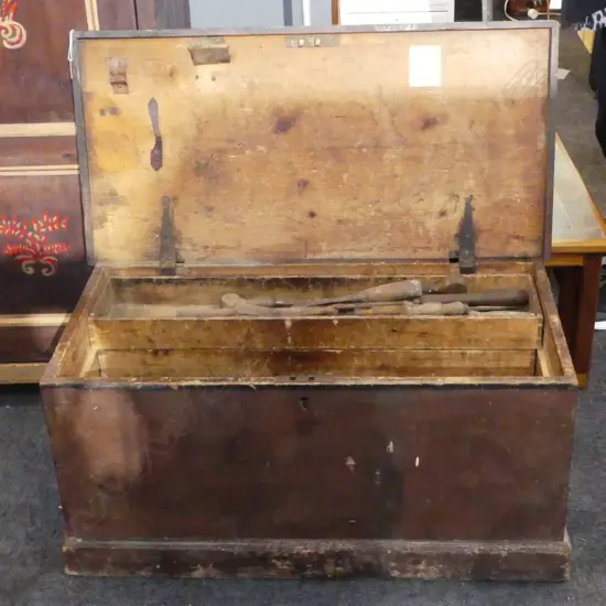 19thC TOOL BOX & TOOLS, 940x480x455mm