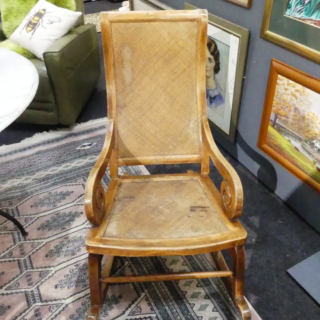 TEAK & WOVEN CANE PLANTATION STYLE ROCKING CHAIR Image 1++