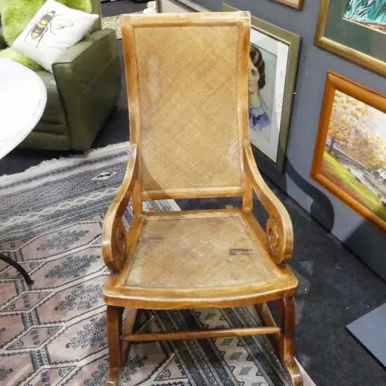 TEAK & WOVEN CANE PLANTATION STYLE ROCKING CHAIR