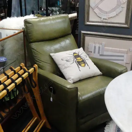 GREEN LEATHER RECLINER + BEE CUSHION
