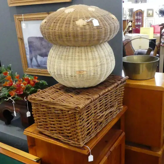LG WOVEN CANE 'MUSHROOM' STORAGE BASKET H.440mm, FORTNUM & MASON PICNIC BASKET W.540mm