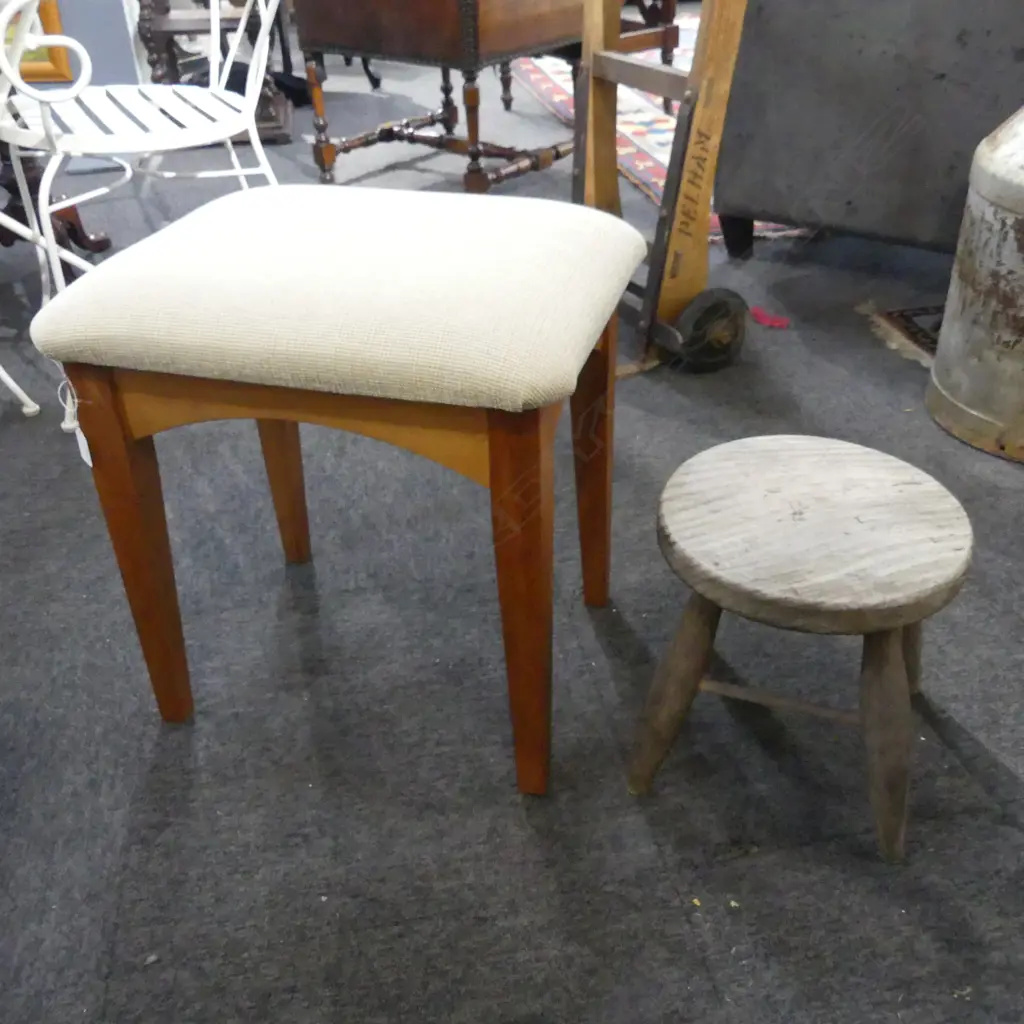 2 WOODEN STOOLS; 1 UPHOLSTERED W.490mm Image 1++