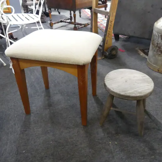 2 WOODEN STOOLS; 1 UPHOLSTERED W.490mm