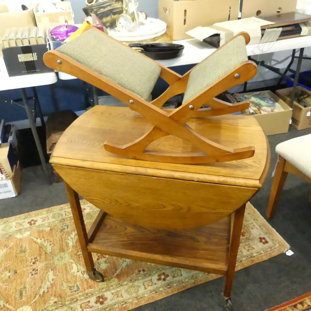 OAK DROP SIDE TEA TROLLEY + FOOT REST / ROCKER Image 1++