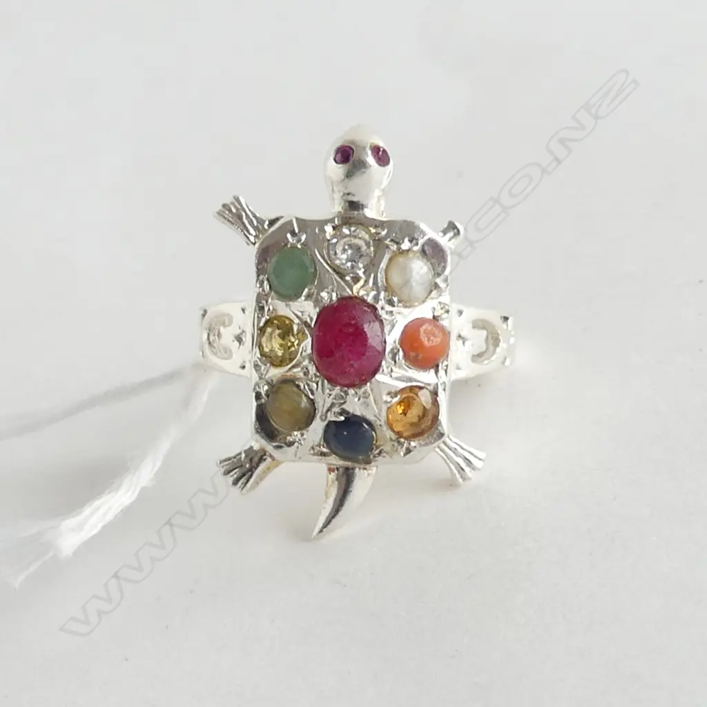 SILVER TURTLE RING w SEMI PRECIOUS STONES size O Image 1++