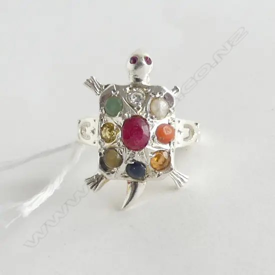 SILVER TURTLE RING w SEMI PRECIOUS STONES size O