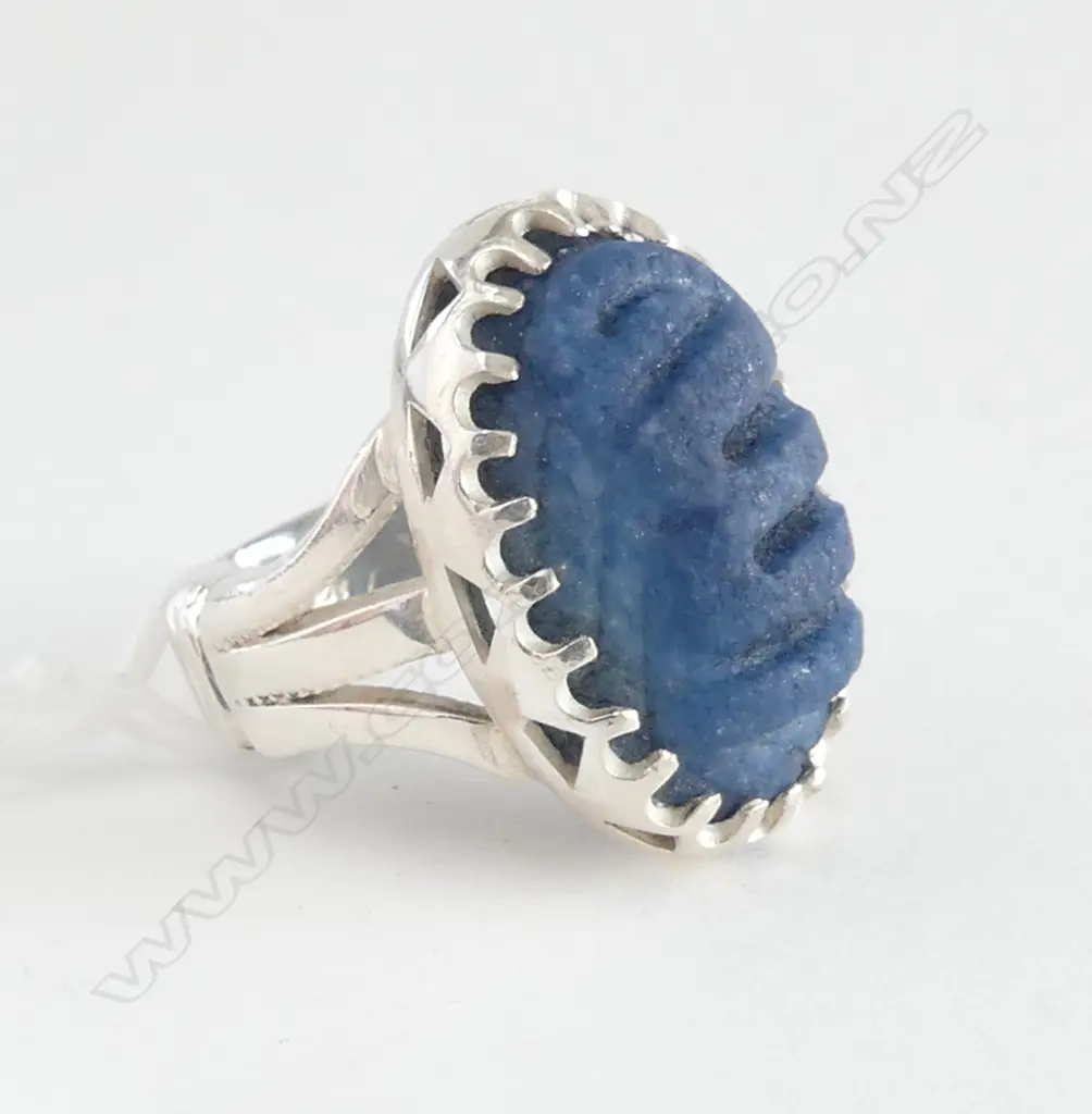 BLUE CARVED STONE RING,SILVER NOT MARKED size T? Image 1++