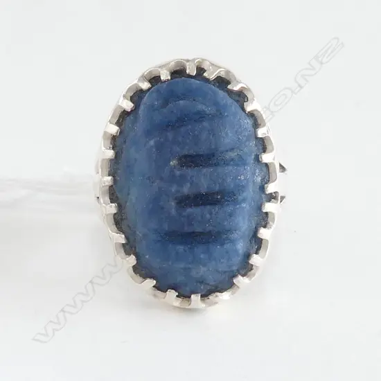 BLUE CARVED STONE RING,SILVER NOT MARKED size T?