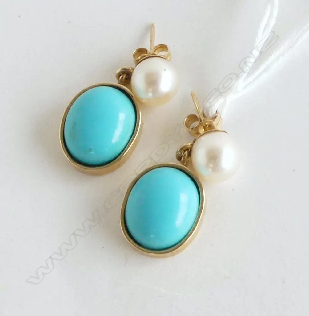 PR 9ct YELLOW GOLD TURQUOISE & CULTURED PEARL DROP EARRINGS in box labelled Kitamuru 4.8gms Image 1++