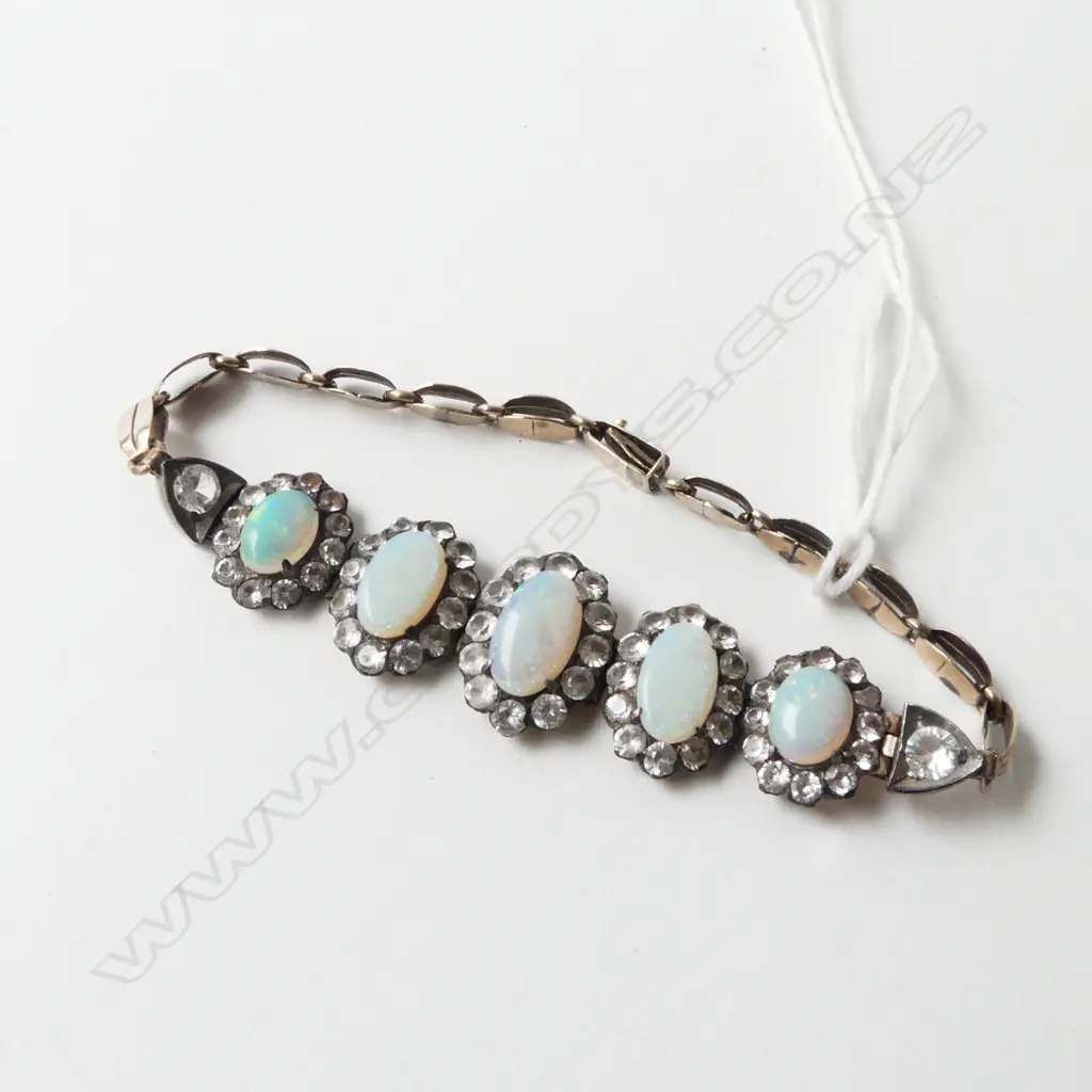 8ct GOLD with silver front vintage OPAL BRACELET white stones framing opals Image 1++