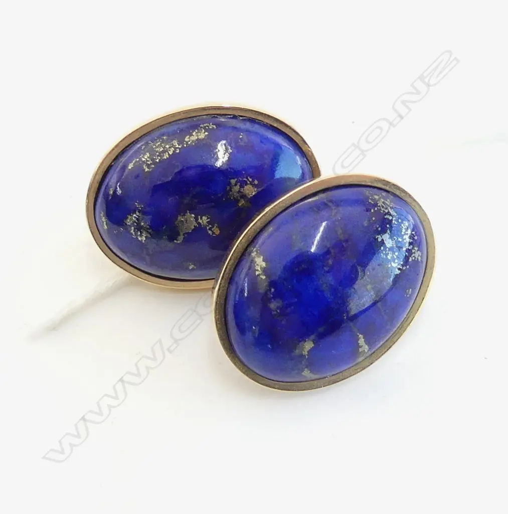PR 9ct YELLOW GOLD & LAPIS LAZULI CABACHON EARRINGS oval form 11.15gms Image 1++