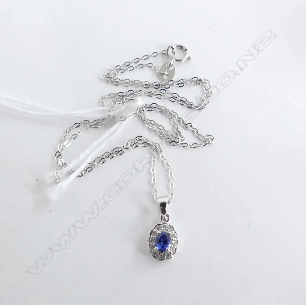 9ct WHITE GOLD DIAMOND & BLUE SAPPHIRE PENDENT on silver chain Image 1++