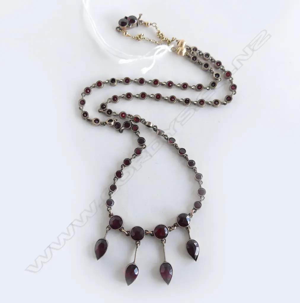 EDWARDIAN GARNET NECKLACE gold plate. The fine gold chain extension  50cm long testing as 8ct Image 1++
