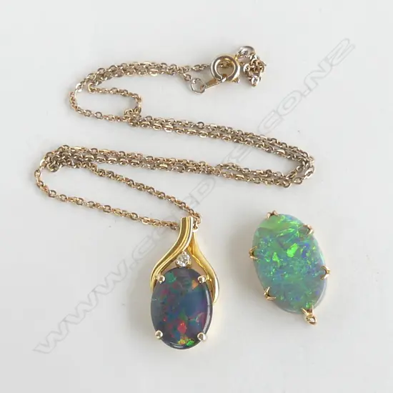 9ct GOLD & BLACK OPAL PENDANT ( bale broken) & SILVER GILT OPAL PENDANT ON A CHAIN