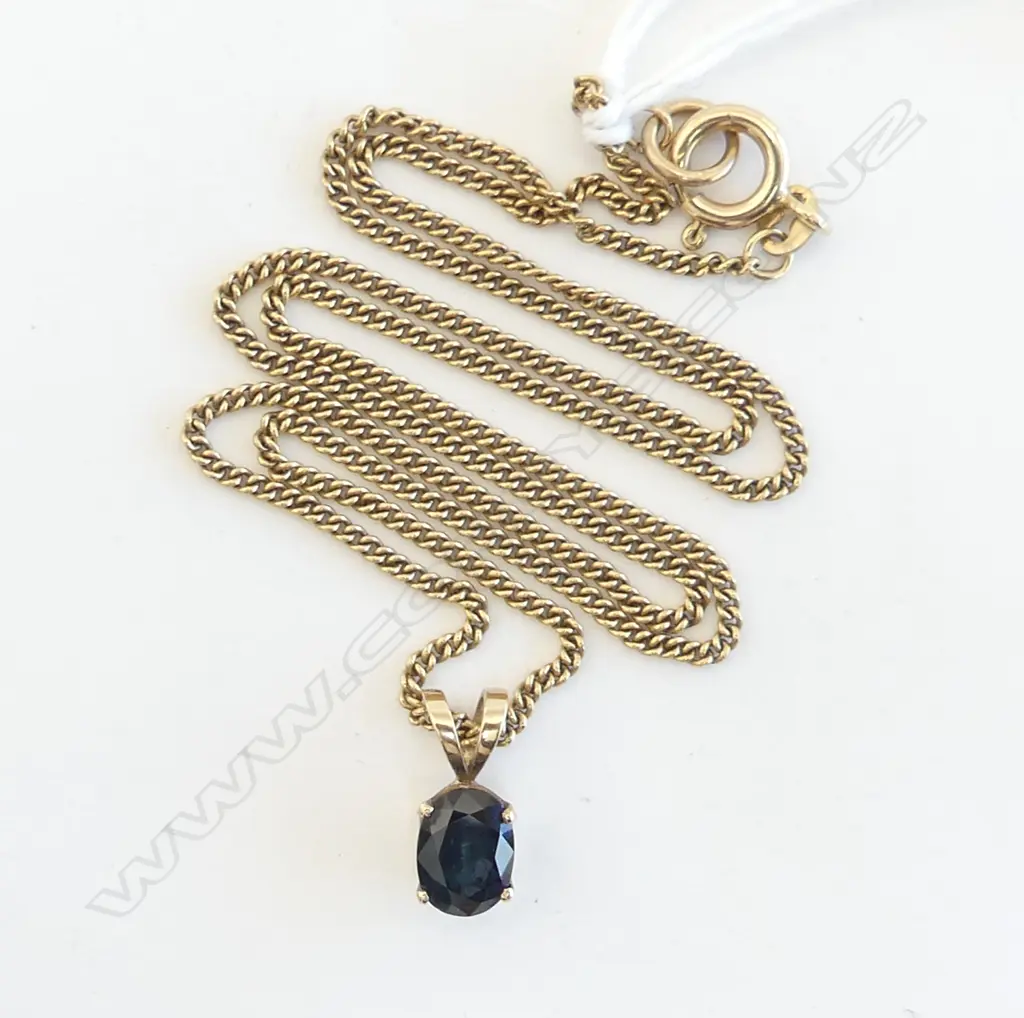 9ct YELLOW GOLD & SAPPHIRE PENDANT ON 9ct NECK CHAIN L.46CM  5gmd Image 1++