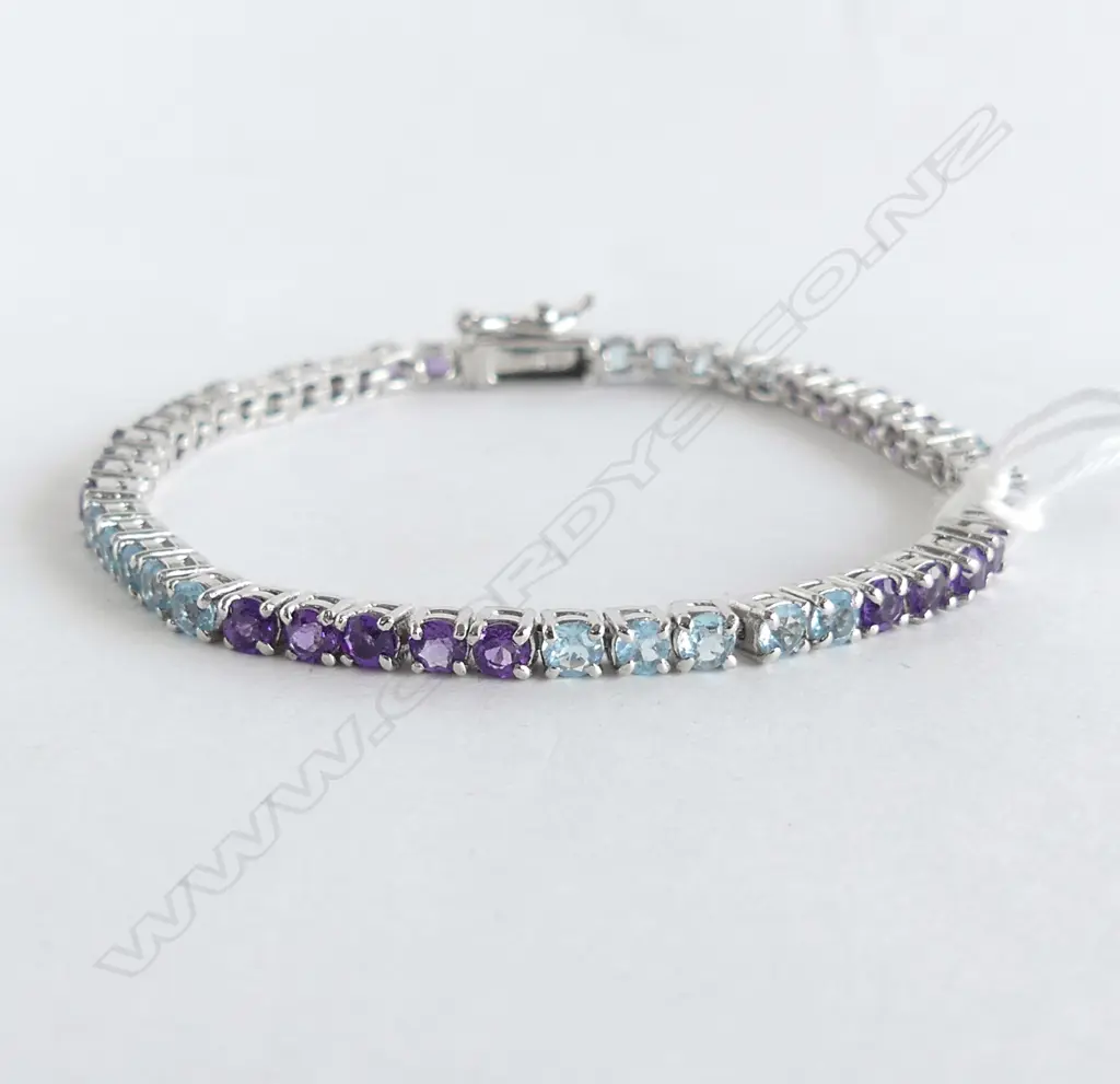 SILVER BLUE TOPAZ & AMETHYST TENNIS BRACELET (NEW) Image 1++