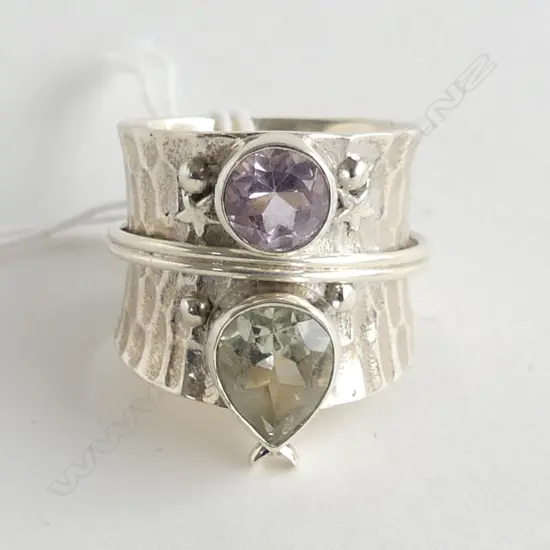 SILVER GREEN & PURPLE AMETHYST RING (NEW) size S