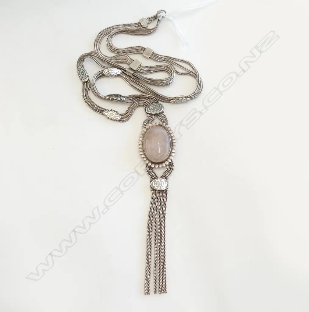 925 SILVER & NIELLO MULTI-STRAND NECKLACE w LG ROSE QUARZ PENDANT, L.550mm, 50gms Image 1++