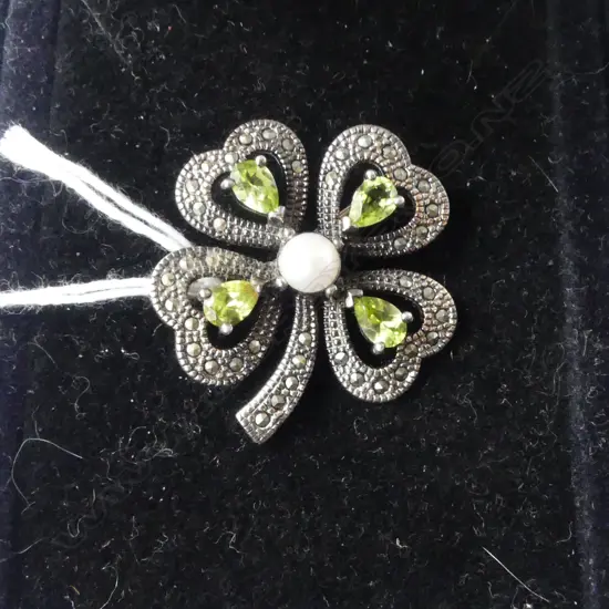 SILVER, PERIDOT, PEARL & MARCASITE 'LUCK of the IRISH' BROOCH by FRANKLIN MINT