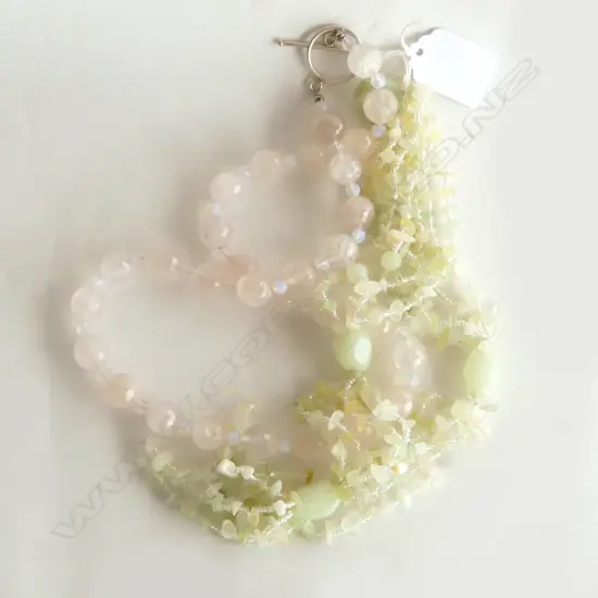 ROSE QUARTZ BEAD NECKLACE & PALE GEEN VERIGATED JADE NECKLACE
