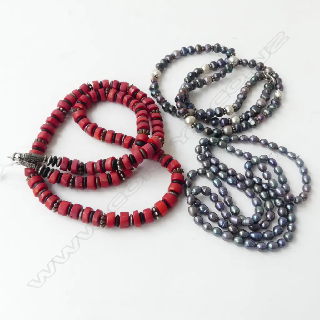 3 NECKLACES; 2 BLACK PEARL + RED CORAL Image 1++