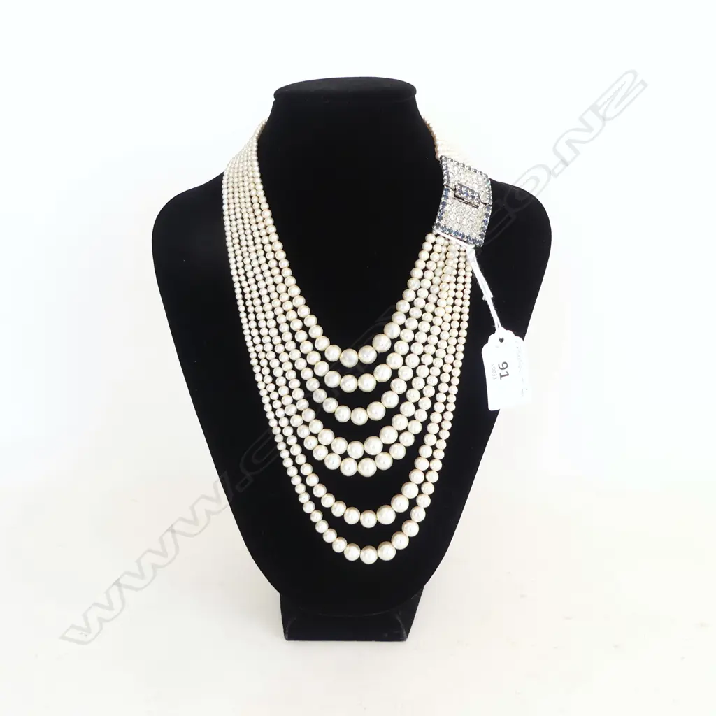 COSTUME 7 STRAND PEARL NECKLACE w. DIAMANTE CLASP longest 250mm Image 1++