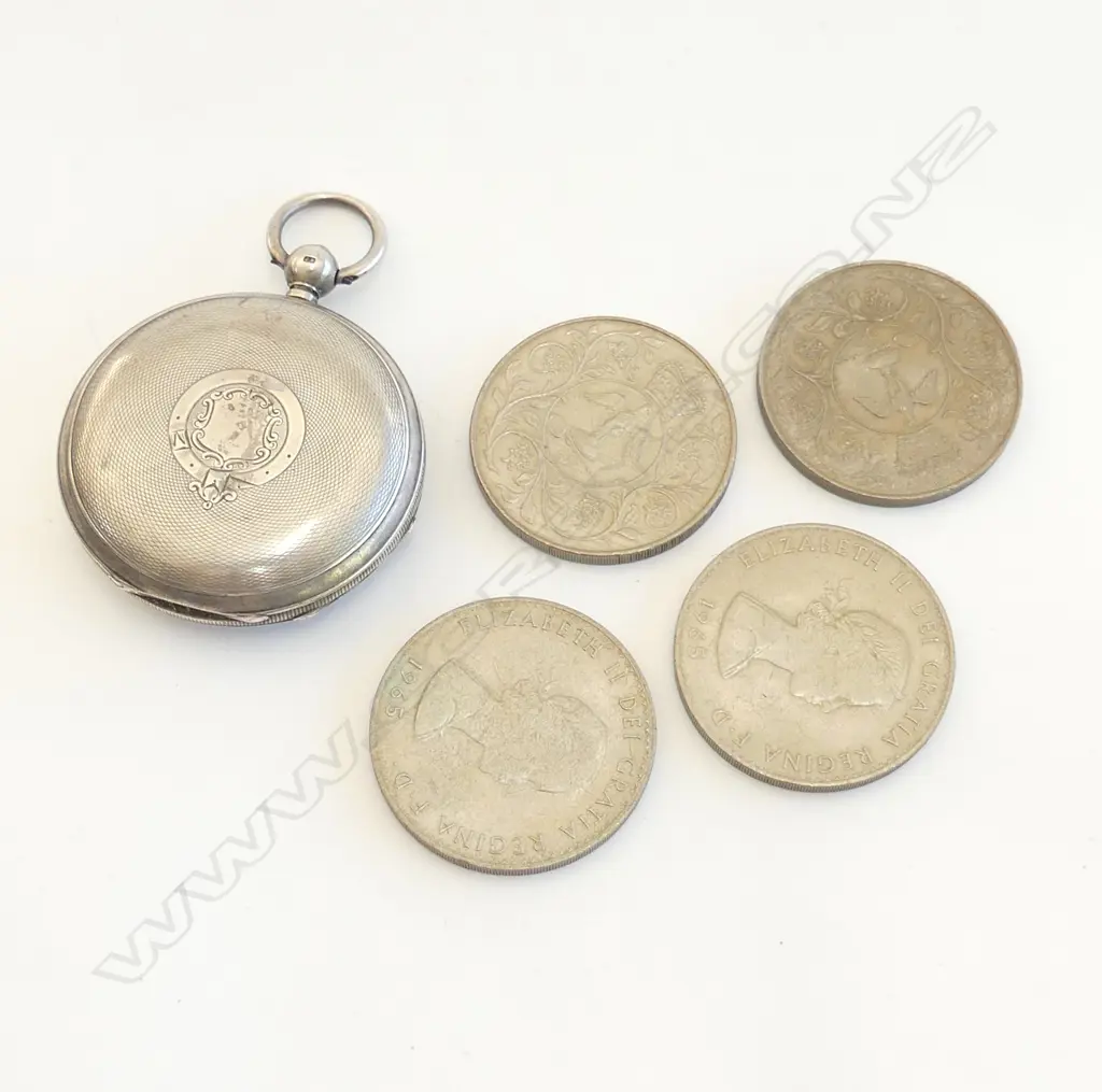 GENT'S SILVER ROTHERHAM'S POCKET WATCH w faults + 4 UK coins: 2 Churchill crowns + 2 x 1977 Image 1++