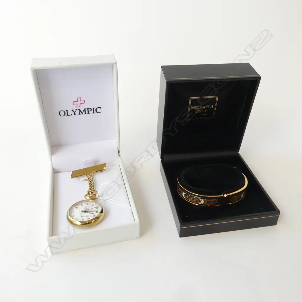 OLYMPIC NURSES BROOCH WATCH (running) + MICHAELA FREY BANGLE both boxed Image 1++