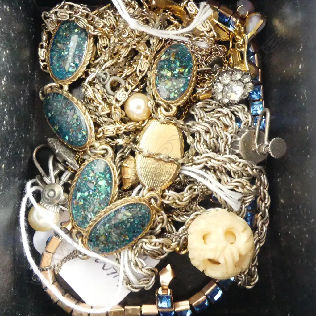 VINTAGE BLUE GLASS NECKLACE, 3 PR SCEW BACK EARRINGS, SILVER NECKLACE, IVORY PUZZLE BALL  ETC Image 1++