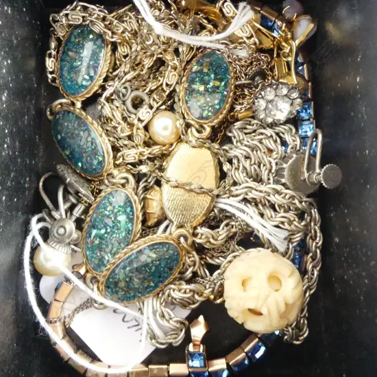 VINTAGE BLUE GLASS NECKLACE, 3 PR SCEW BACK EARRINGS, SILVER NECKLACE, IVORY PUZZLE BALL  ETC